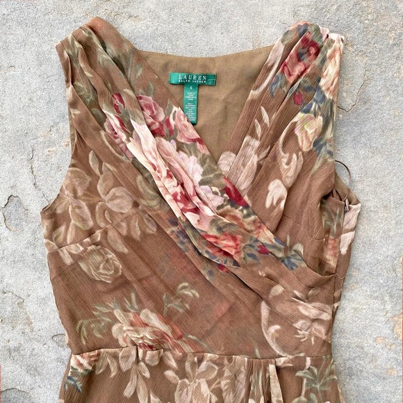 Vintage 1990's Ralph Lauren Brown Silk Floral Crepe Wrap Dress - Picture 3 of 5